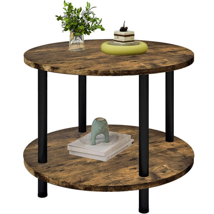 Gem Round Rustic Wood Metal Round End Coffee Table with Storage Shelf