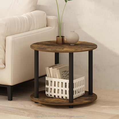 Gem Round Rustic Wood Metal Round End Coffee Table with Storage Shelf