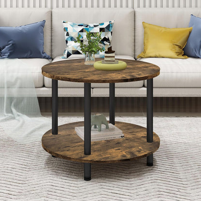 Gem Round Rustic Wood Metal Round End Coffee Table with Storage Shelf