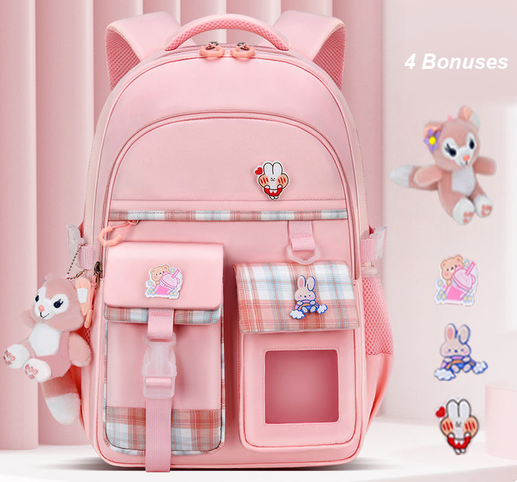 Large Deluxe Backpack Girl's Cute School Bag with Bonus Plushie & Accessories (Pink)