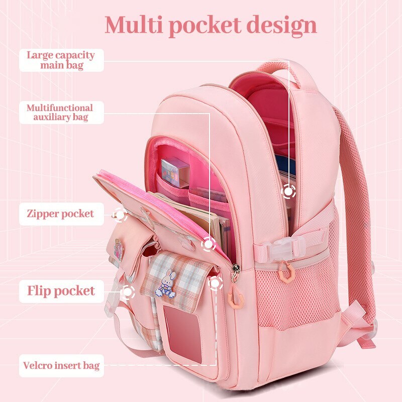 Large Deluxe Backpack Girl's Cute School Bag with Bonus Plushie & Accessories (Pink)