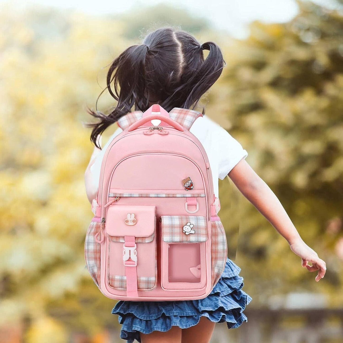 Large Deluxe Backpack Girl's Cute School Bag with Bonus Plushie & Accessories (Pink)