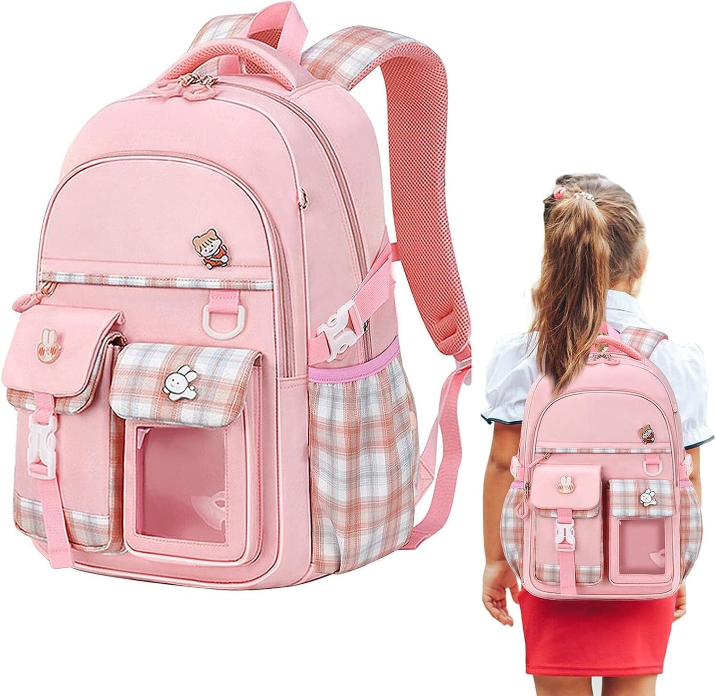 Large Deluxe Backpack Girl's Cute School Bag with Bonus Plushie & Accessories (Pink)