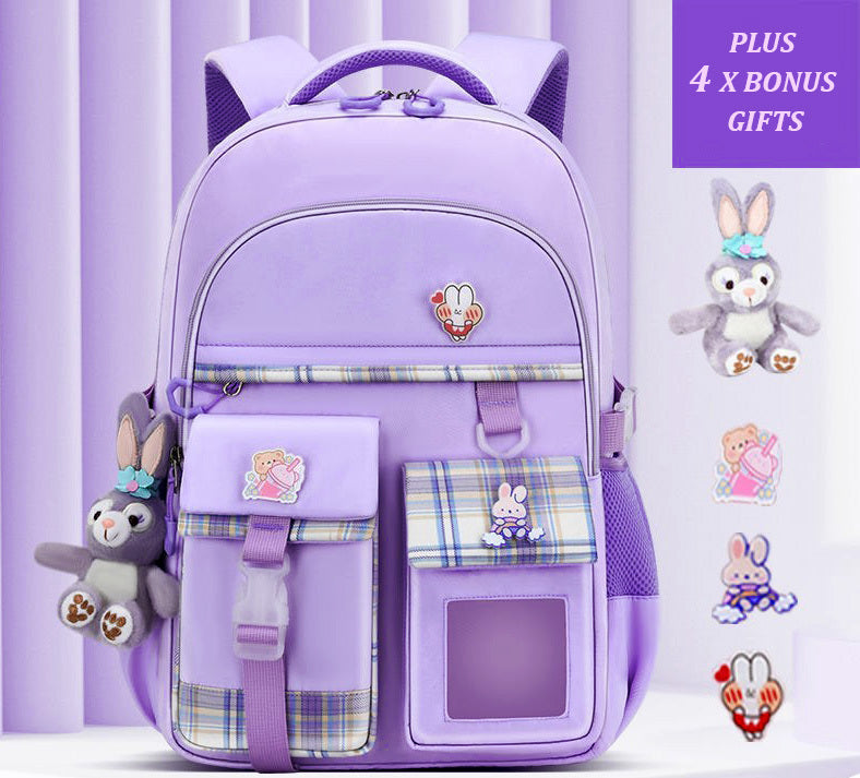 Large Deluxe Backpack Girl's Cute School Bag with Bonus Plushie & Accessories (Purple)