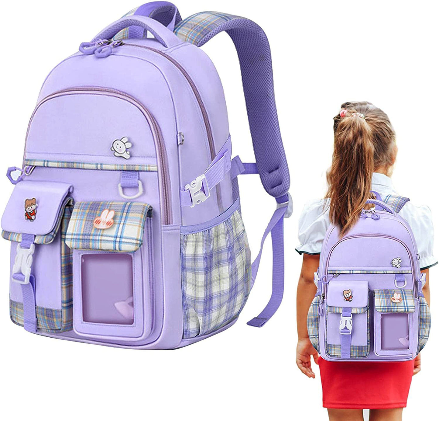 Large Deluxe Backpack Girl's Cute School Bag with Bonus Plushie & Accessories (Purple)