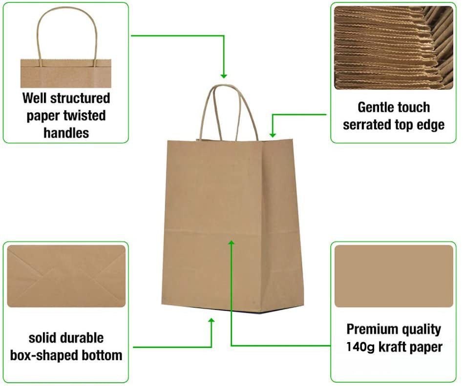 100 X Kraft Paper Bags Bulk Pack Gift Shopping Brown Retail Bag with Handles