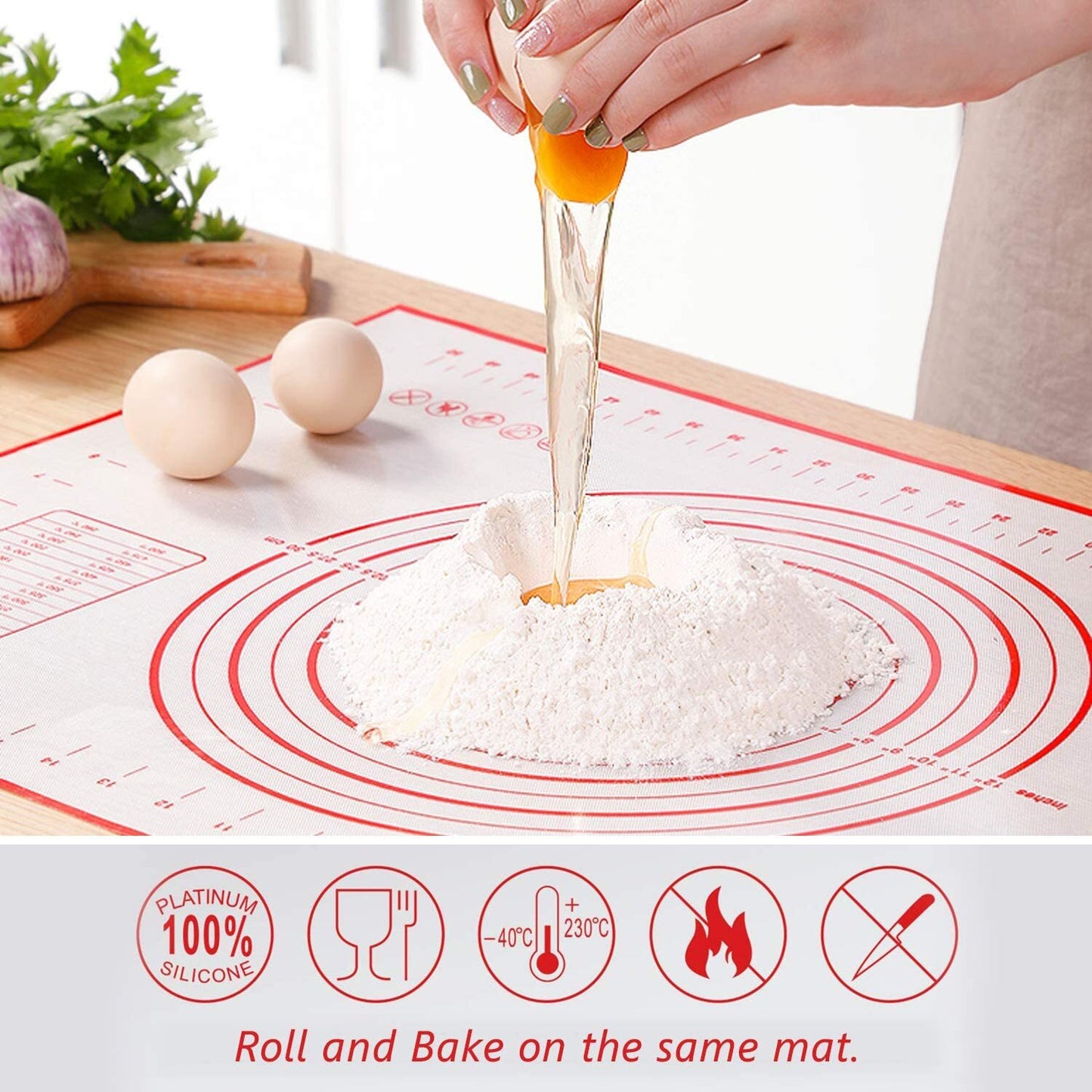 Large Silicone Baking Mat Non Stick Dough Pastry Making Pad with Measurements (Red)