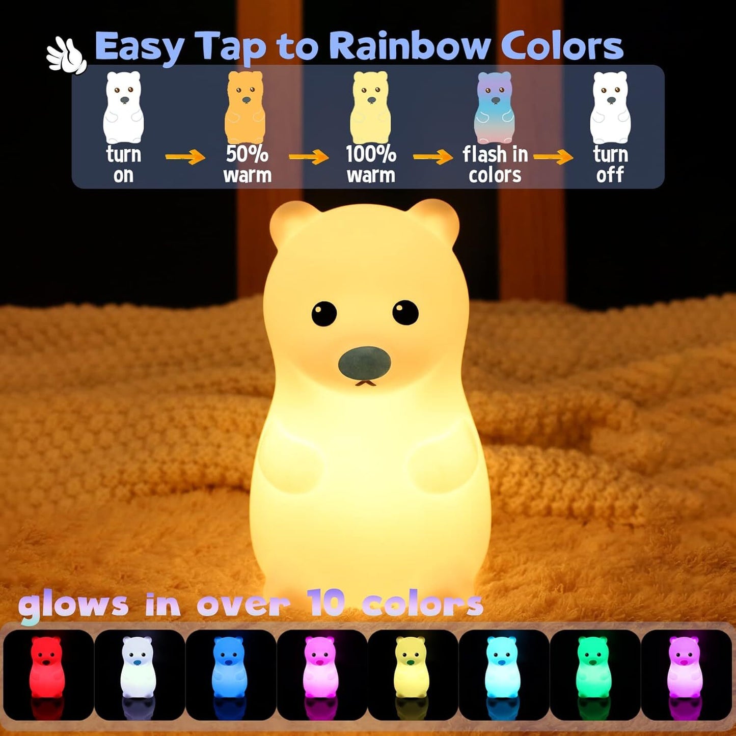 Adorable Silicone Bear Night Light USB Rechargeable Multicoluor Kids Bedroom Lamp