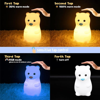 Adorable Silicone Bear Night Light USB Rechargeable Multicoluor Kids Bedroom Lamp