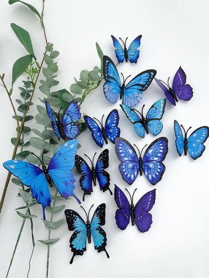 12-Piece 3D Butterfly Wall Decor Butterflies Stickers for Party Decorations with Magnets (Blue)