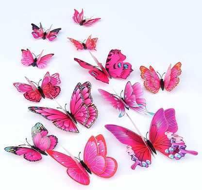 12-Piece 3D Butterfly Wall Decor Butterflies Stickers for Party Decorations with Magnets (Pink)