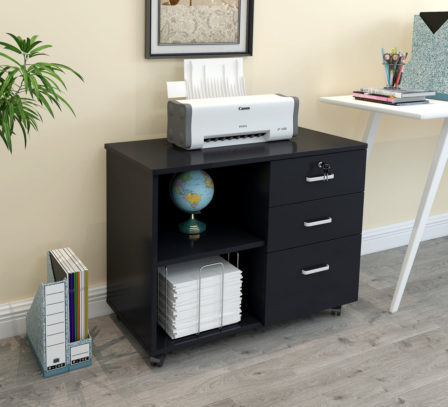 Vibe 3 Drawer and Shelf Utility Side Table with Wheels (Black)