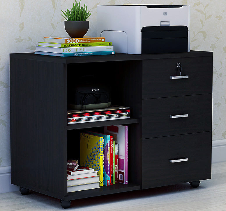 Vibe 3 Drawer and Shelf Utility Side Table with Wheels (Black)