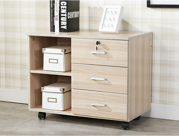 Vibe 3 Drawer and Shelf Utility Side Table with Wheels (White Oak)