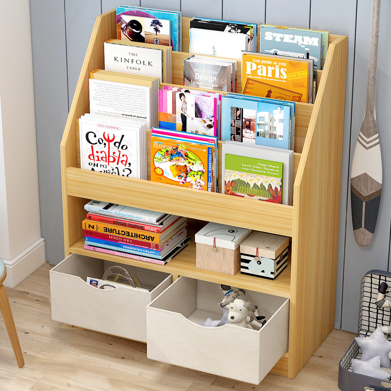 Multi Drawer Magazine Rack Clover Bookcase Storage Shelf Magazine Rack with Drawers (Oak)