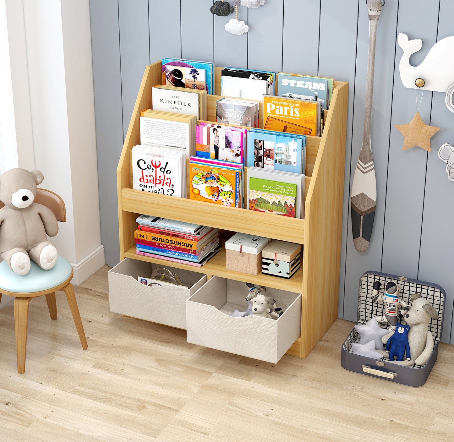 Clover Bookcase Storage Shelf Magazine Rack with Drawers (Oak)