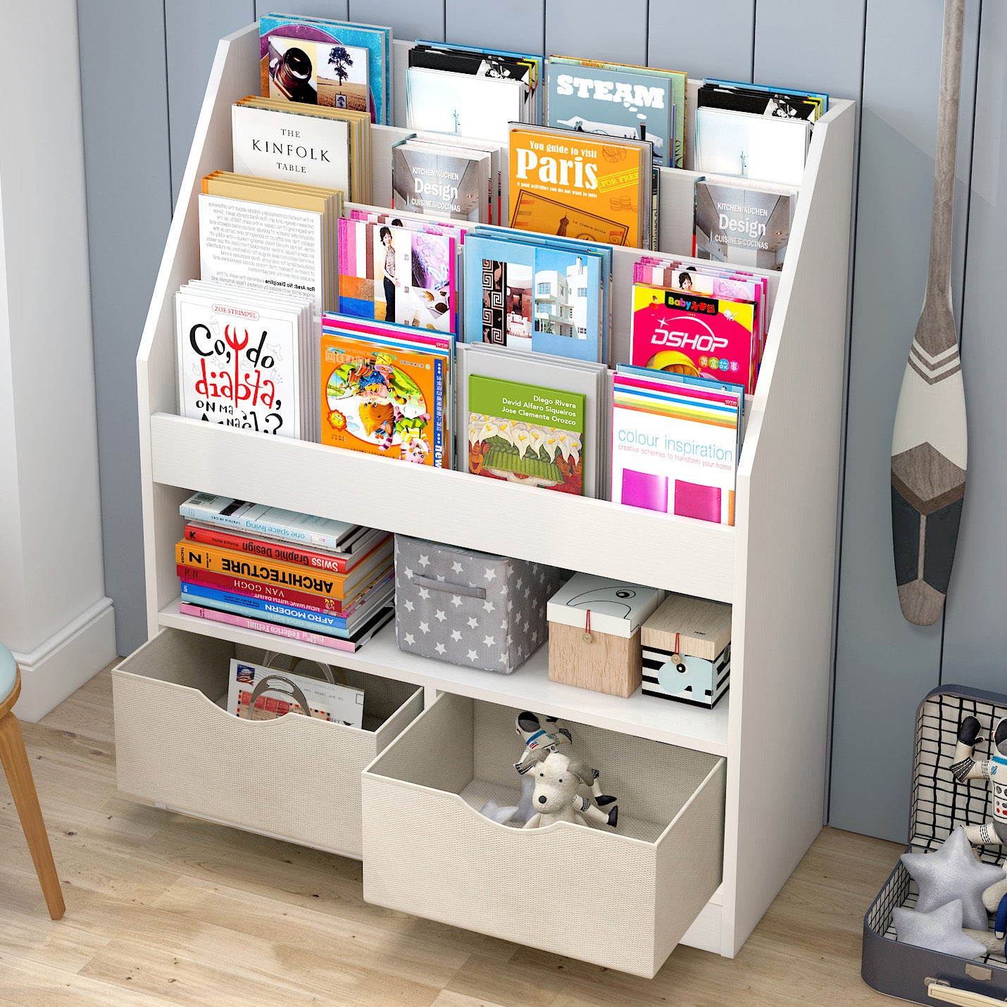 Multi Drawer Magazine Rack Clover Bookcase Storage Shelf Magazine Rack with Drawers