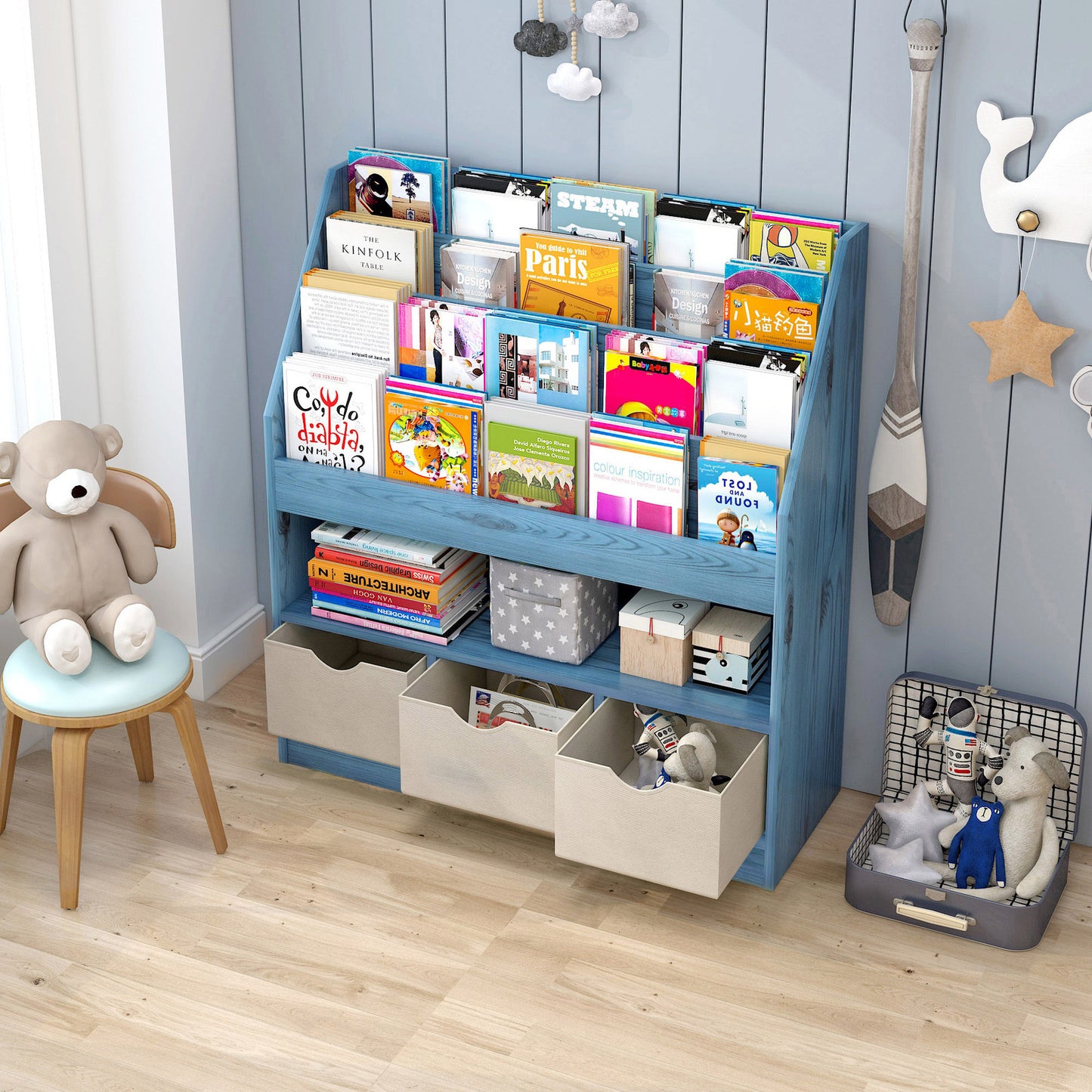 Clover Large Bookcase Storage Shelf Magazine Rack with Drawers (Blue)