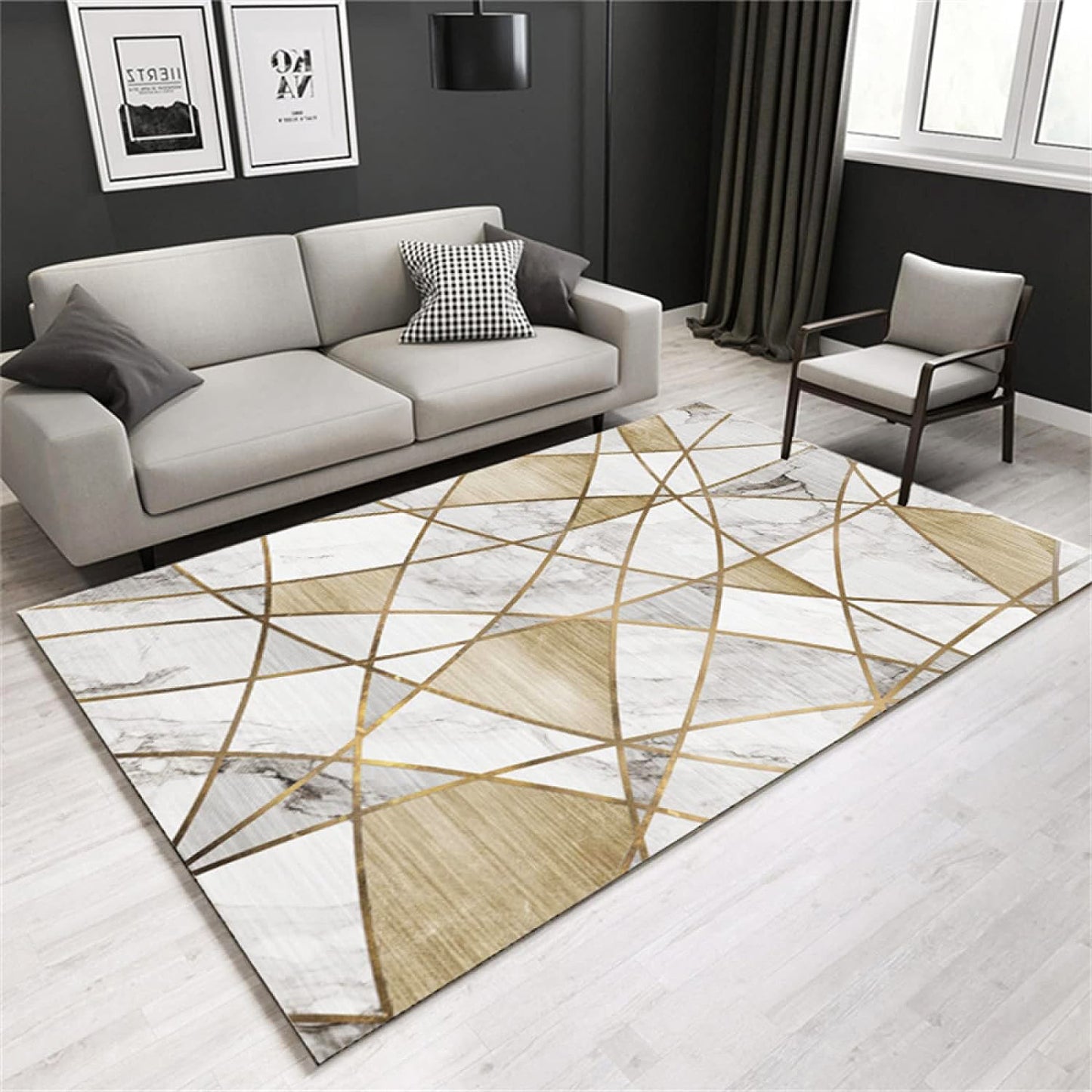 XL Extra Large Lush Plush Gold Marble Rug Carpet Mat (300 x 200)