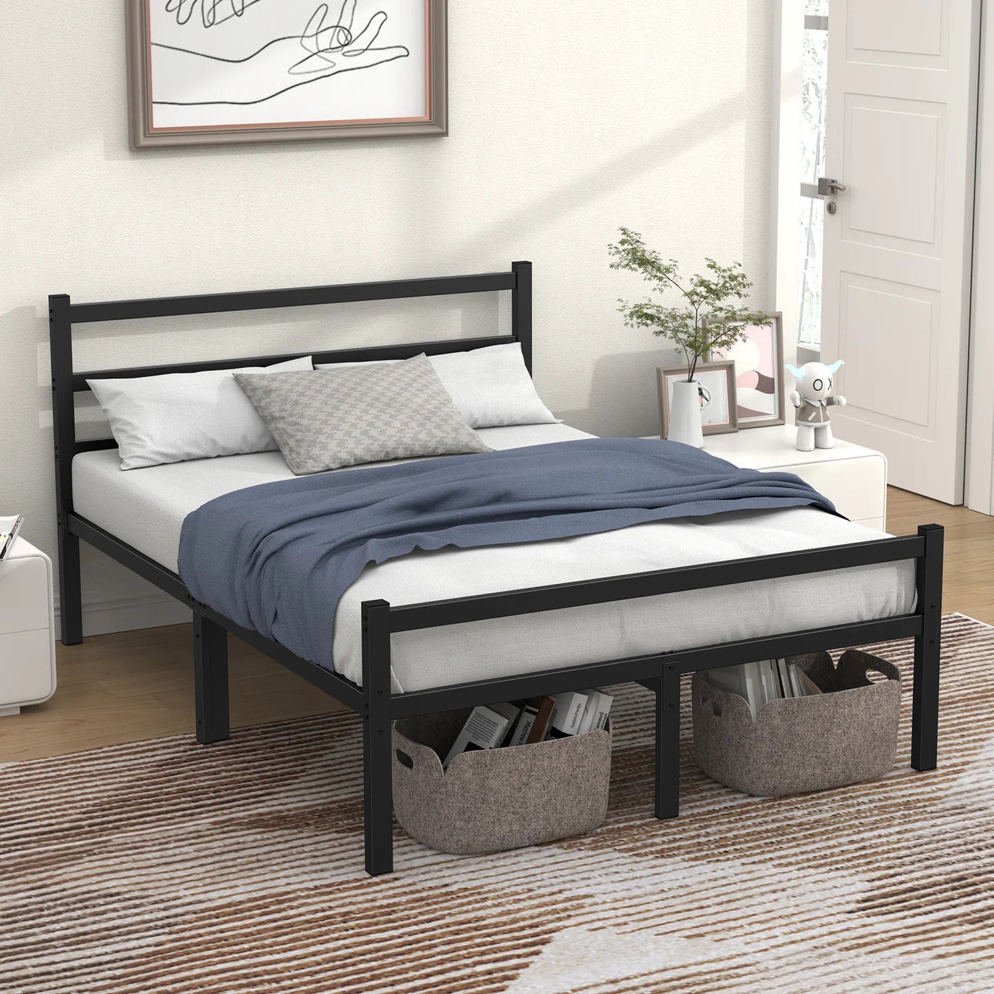 Titan Heavy Duty Metal Platform Bed Base Frame - Queen Size, Black Steel