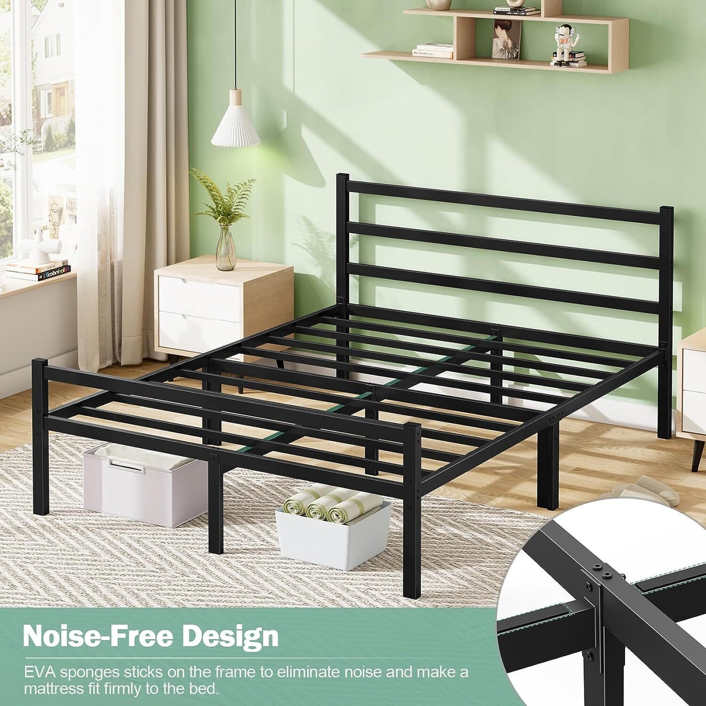 Titan Heavy Duty Metal Platform Bed Base Frame - Queen Size, Black Steel