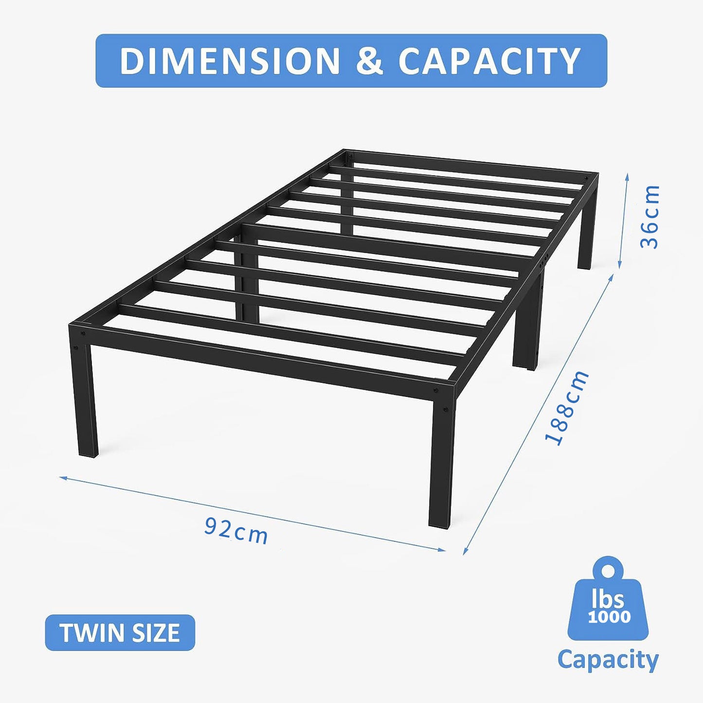 Titan Heavy Duty Metal Platform Bed Base Frame - Single Size, Black Steel