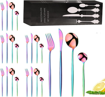 24PC Stainless Steel Cutlery Set Knife Fork Spoon Kitchen Tableware (Colourful)