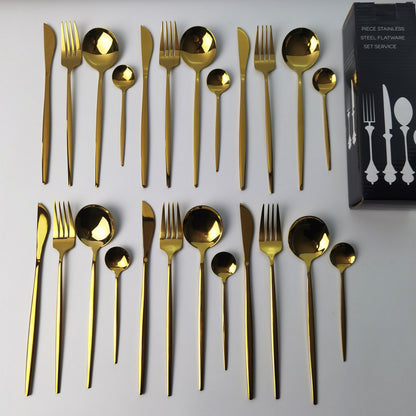 24PC Stainless Steel Cutlery Set Knife Fork Spoon Kitchen Tableware (Gold)