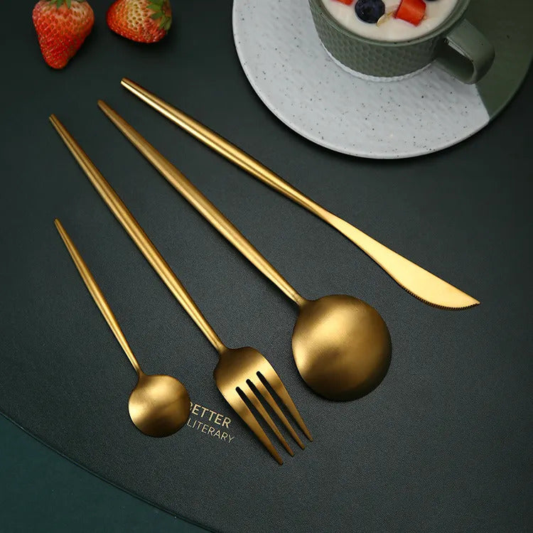 24PC Stainless Steel Cutlery Set Knife Fork Spoon Kitchen Tableware (Gold)