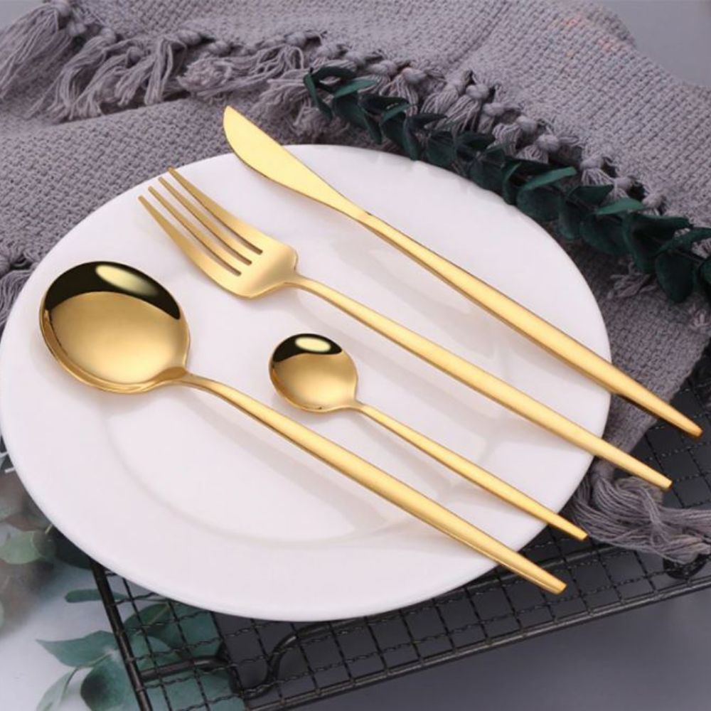 24PC Stainless Steel Cutlery Set Knife Fork Spoon Kitchen Tableware (Gold)