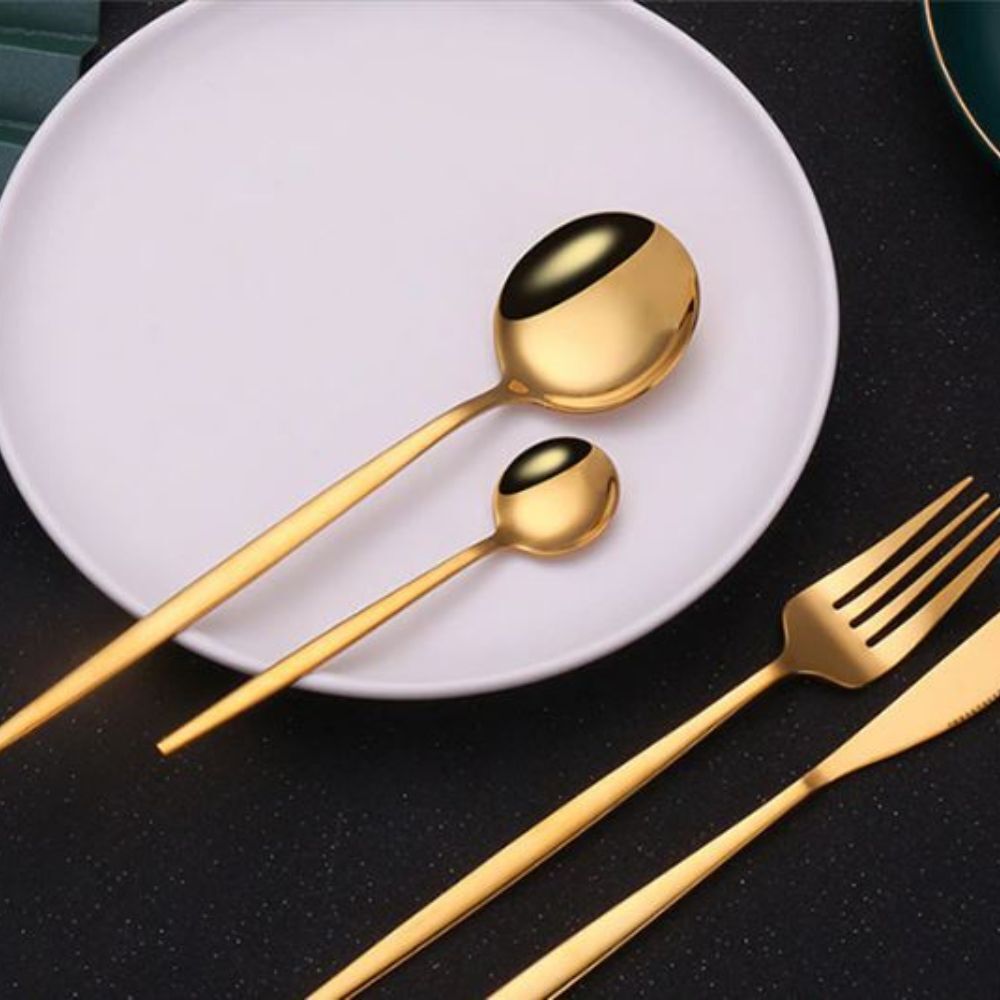 24PC Stainless Steel Cutlery Set Knife Fork Spoon Kitchen Tableware (Gold)