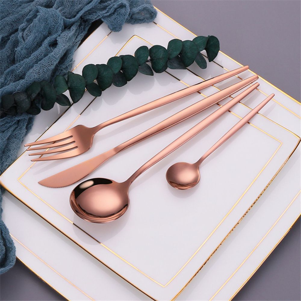 24PC Stainless Steel Cutlery Set Knife Fork Spoon Kitchen Tableware (Rose Gold)