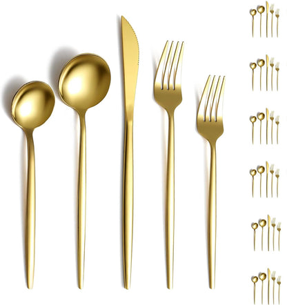 30PC Stainless Steel Cutlery Set Knife Fork Spoon Kitchen Tableware (Gold)