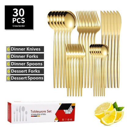 30PC Stainless Steel Cutlery Set Knife Fork Spoon Kitchen Tableware (Gold)