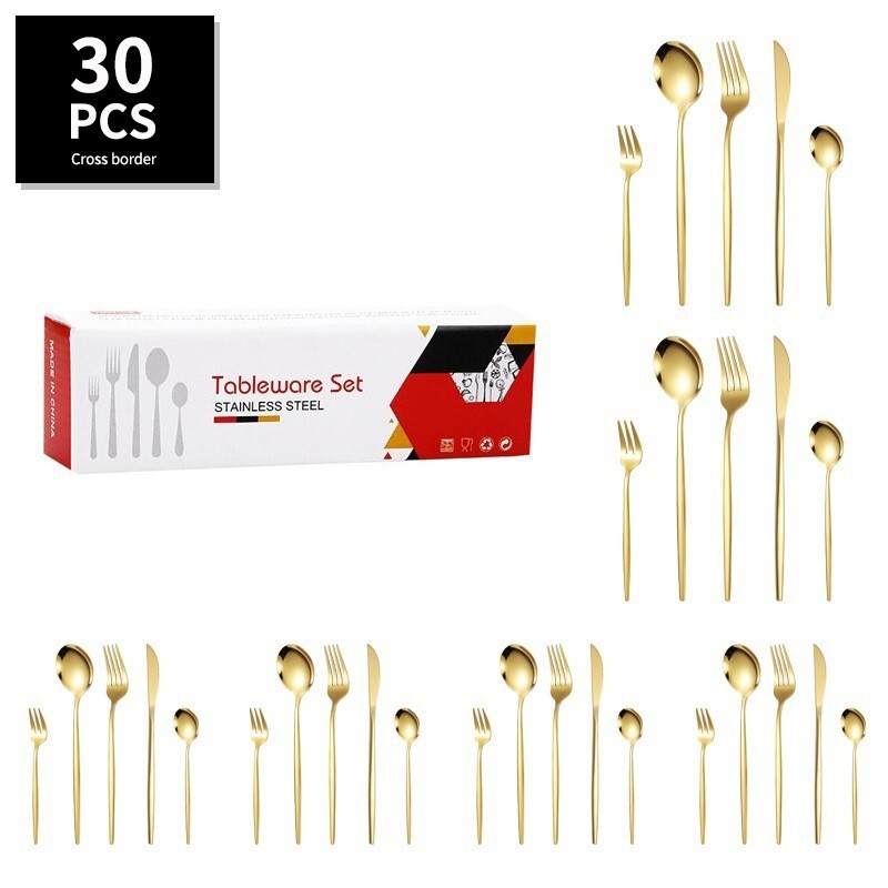 30PC Stainless Steel Cutlery Set Knife Fork Spoon Kitchen Tableware (Gold)