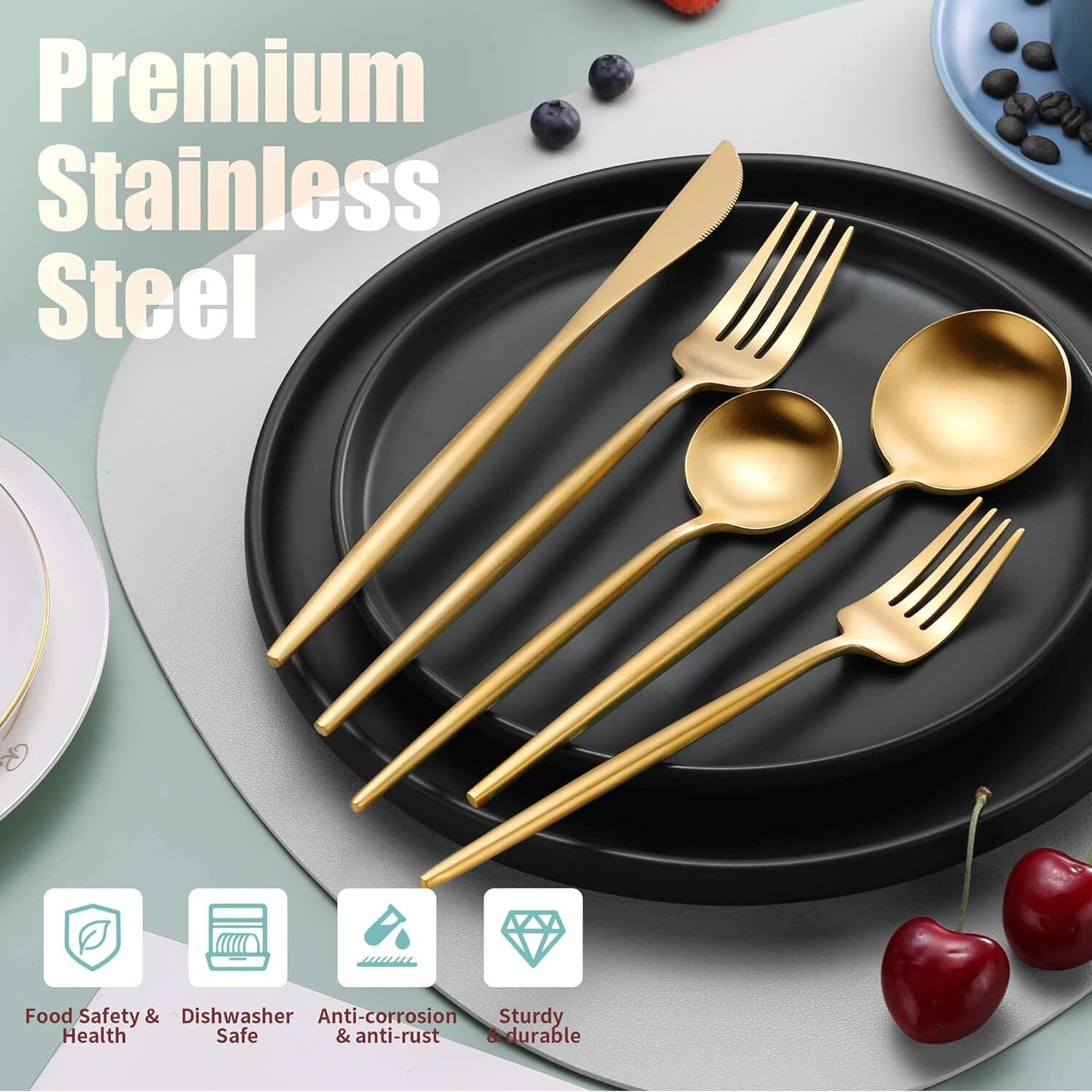 30PC Stainless Steel Cutlery Set Knife Fork Spoon Kitchen Tableware (Gold)