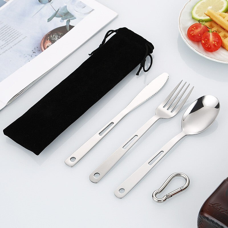 Portable Stainless Steel Cutlery Set Travel Outdoor Camping Knife Fork Spoon Carabiner with Bag