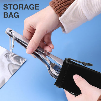 Portable Stainless Steel Cutlery Set Travel Outdoor Camping Knife Fork Spoon Carabiner with Bag