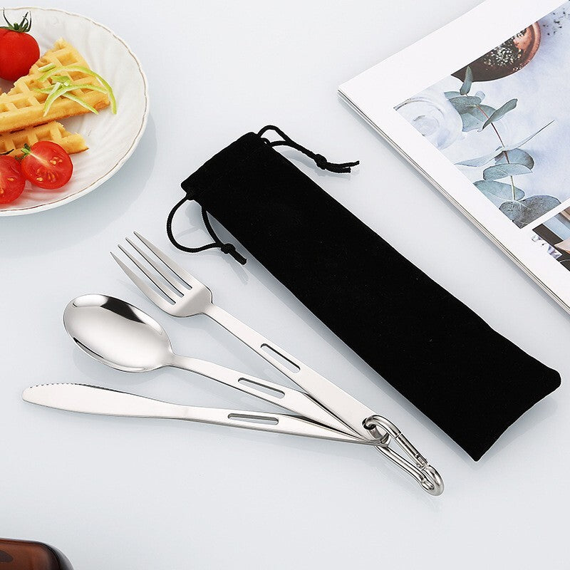 Portable Stainless Steel Cutlery Set Travel Outdoor Camping Knife Fork Spoon Carabiner with Bag