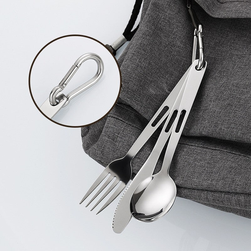 Portable Stainless Steel Cutlery Set Travel Outdoor Camping Knife Fork Spoon Carabiner with Bag