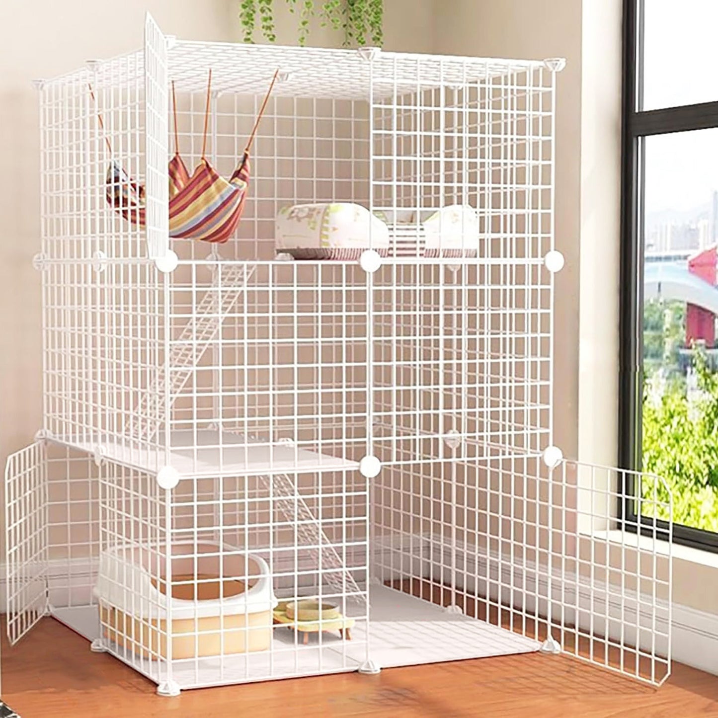 Extra Wide & Large Pet Home Cat Cage Detachable Metal Wire Kennel Playpen Exercise Crate (White)