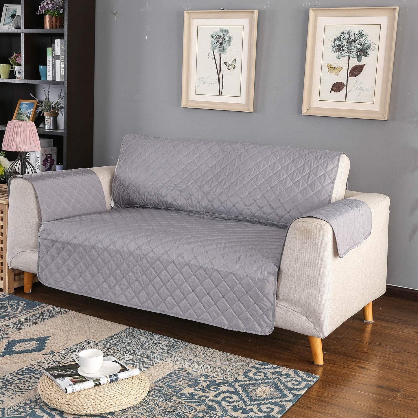 Deluxe 2-Seater Sofa Slipcover Quilted Couch Cover Water Resistant Furniture Protector (Grey)