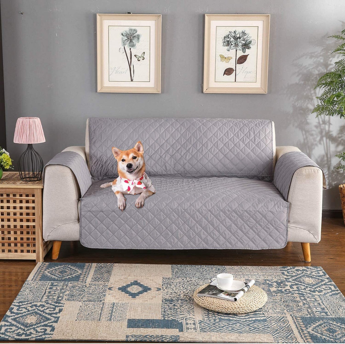 Deluxe 2-Seater Sofa Slipcover Quilted Couch Cover Water Resistant Furniture Protector (Grey)