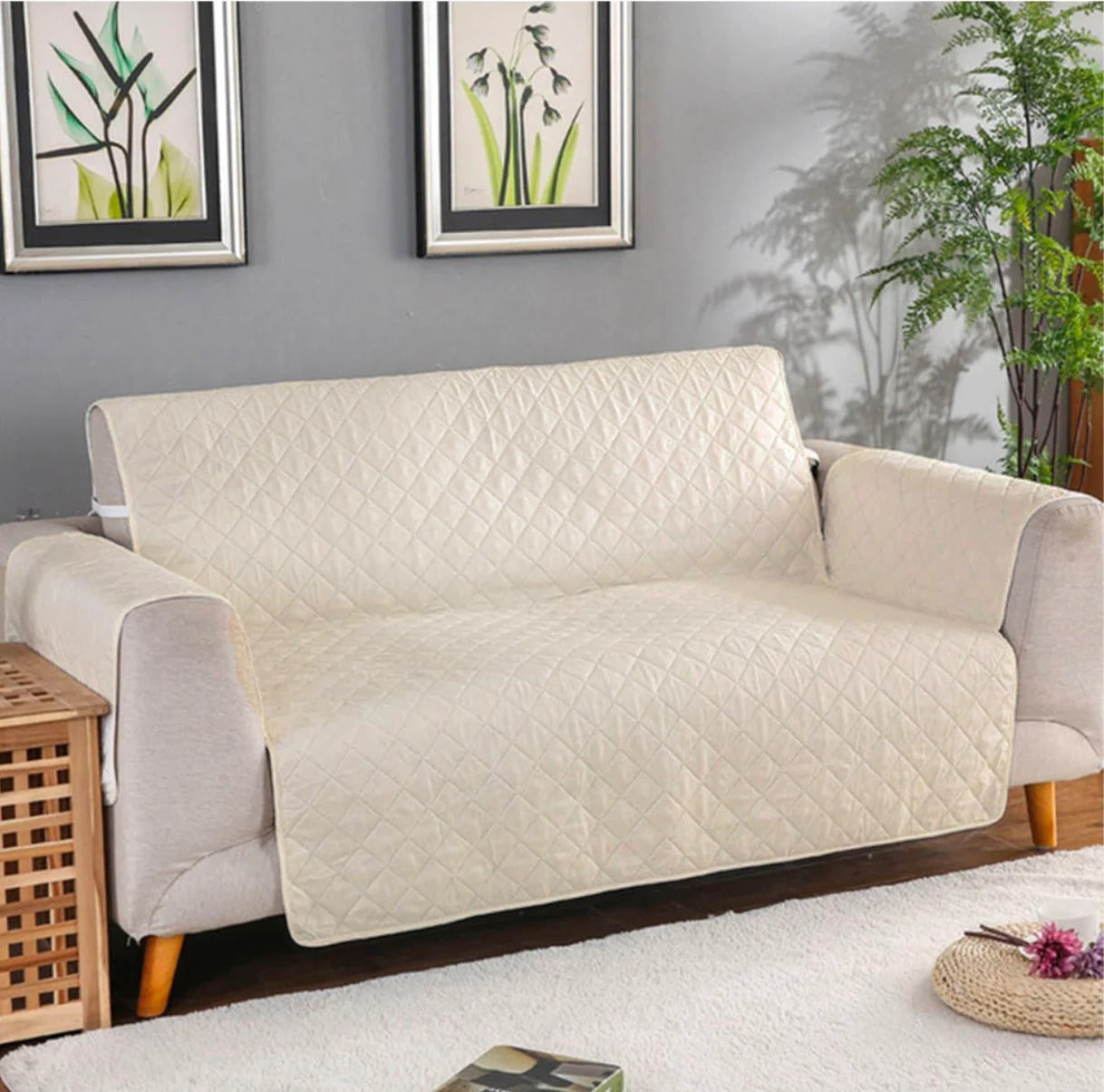 Deluxe 2-Seater Sofa Slipcover Quilted Couch Cover Water Resistant Furniture Protector (Cream)