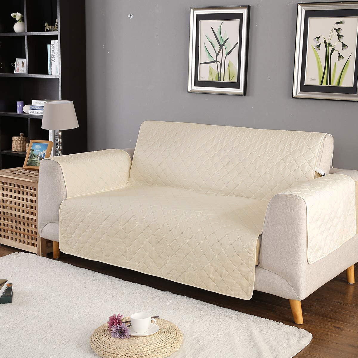 Deluxe 2-Seater Sofa Slipcover Quilted Couch Cover Water Resistant Furniture Protector (Cream)