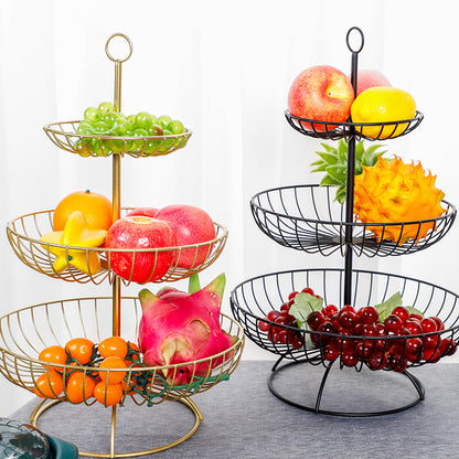 3-Tier Luxe Metal Fruit Basket Plate Bowl Kitchen Buffet Food Tray (Gold)