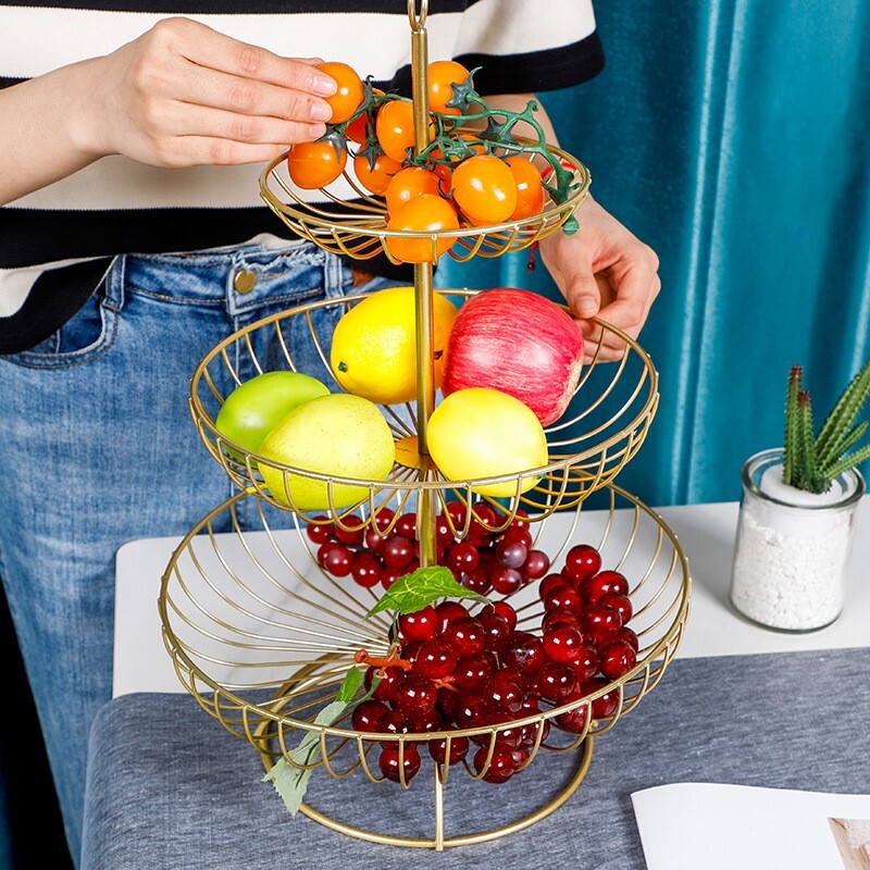 3-Tier Luxe Metal Fruit Basket Plate Bowl Kitchen Buffet Food Tray (Gold)