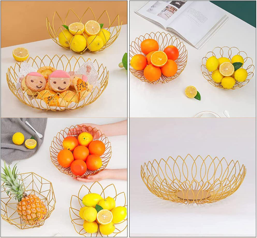 Luxe Large Gold Metal Fruit Bowl Basket Plate Dish Kitchen Counter Food Tray