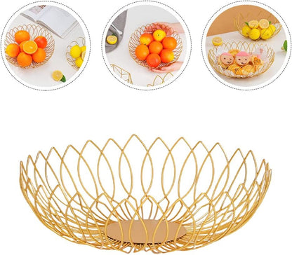 Luxe Large Gold Metal Fruit Bowl Basket Plate Dish Kitchen Counter Food Tray