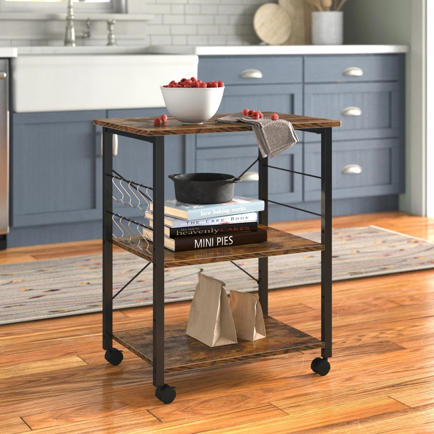 Atlas Heavy Duty Rustic Wood & Steel Multipurpose Utility Cart Storage Shelf Kitchen Trolley